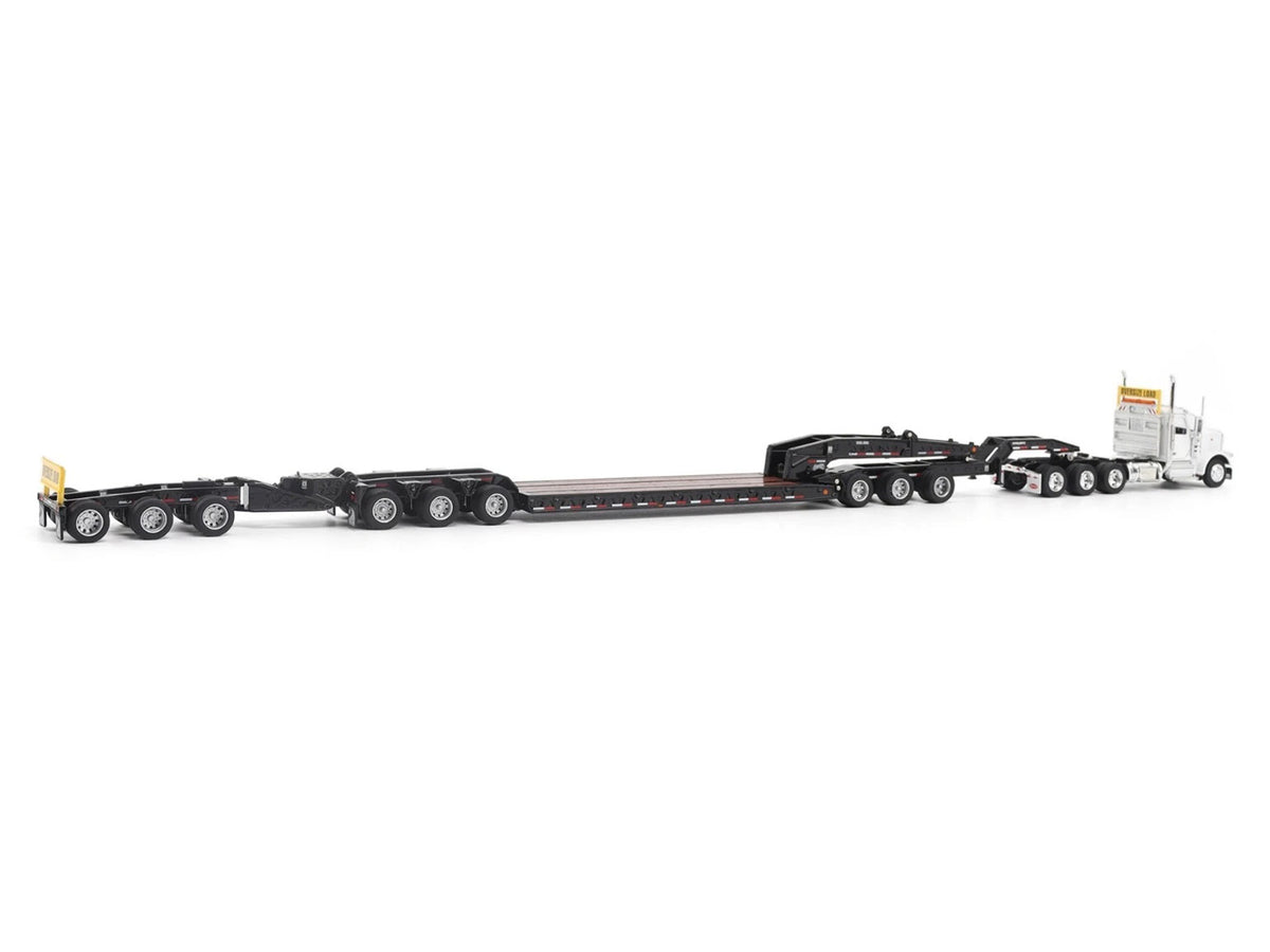 Peterbilt 589 Tridem-Axle Truck Tractor with Day Cab and Trail King TK170 Hydraulic Detachable Gooseneck Lowboy Trailer with Jeep and Booster White 'Transport Series' 1/64 Diecast Model by Diecast Masters