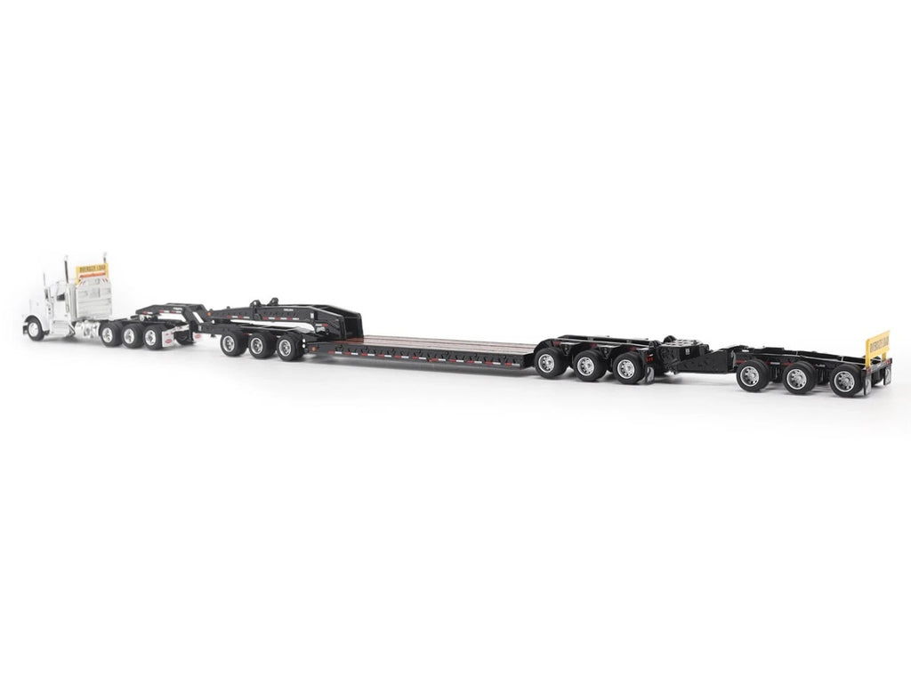 Peterbilt 589 Tridem-Axle Truck Tractor with Day Cab and Trail King TK170 Hydraulic Detachable Gooseneck Lowboy Trailer with Jeep and Booster White 'Transport Series' 1/64 Diecast Model by Diecast Masters