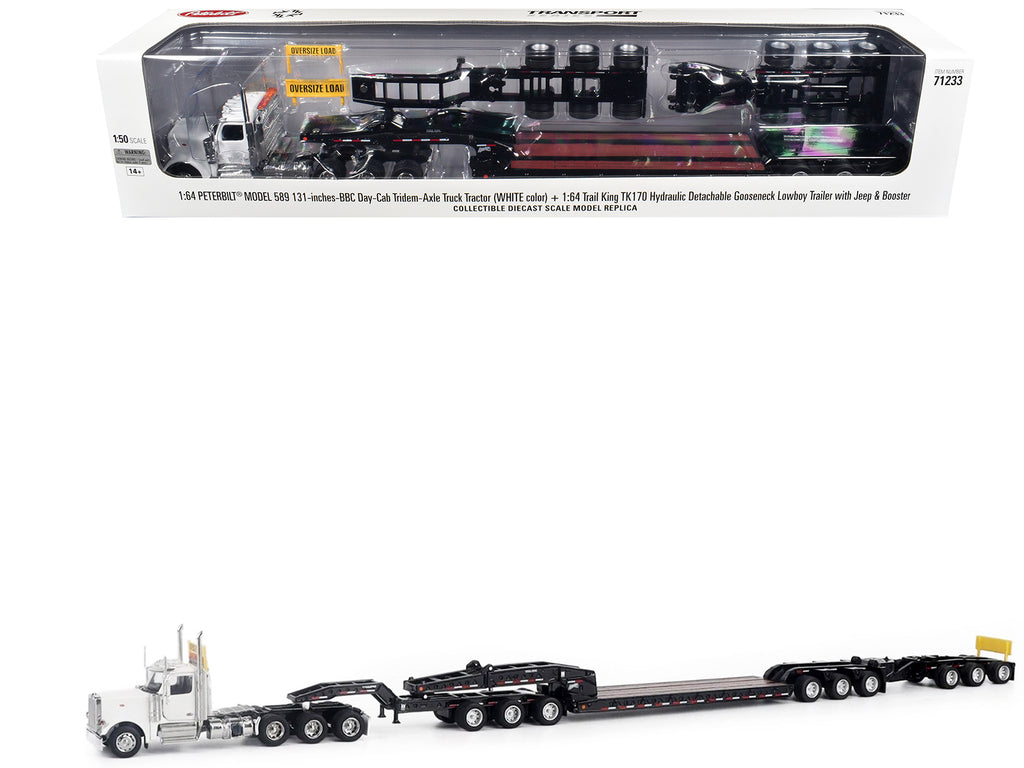 Peterbilt 589 Tridem-Axle Truck Tractor with Day Cab and Trail King TK170 Hydraulic Detachable Gooseneck Lowboy Trailer with Jeep and Booster White 'Transport Series' 1/64 Diecast Model by Diecast Masters