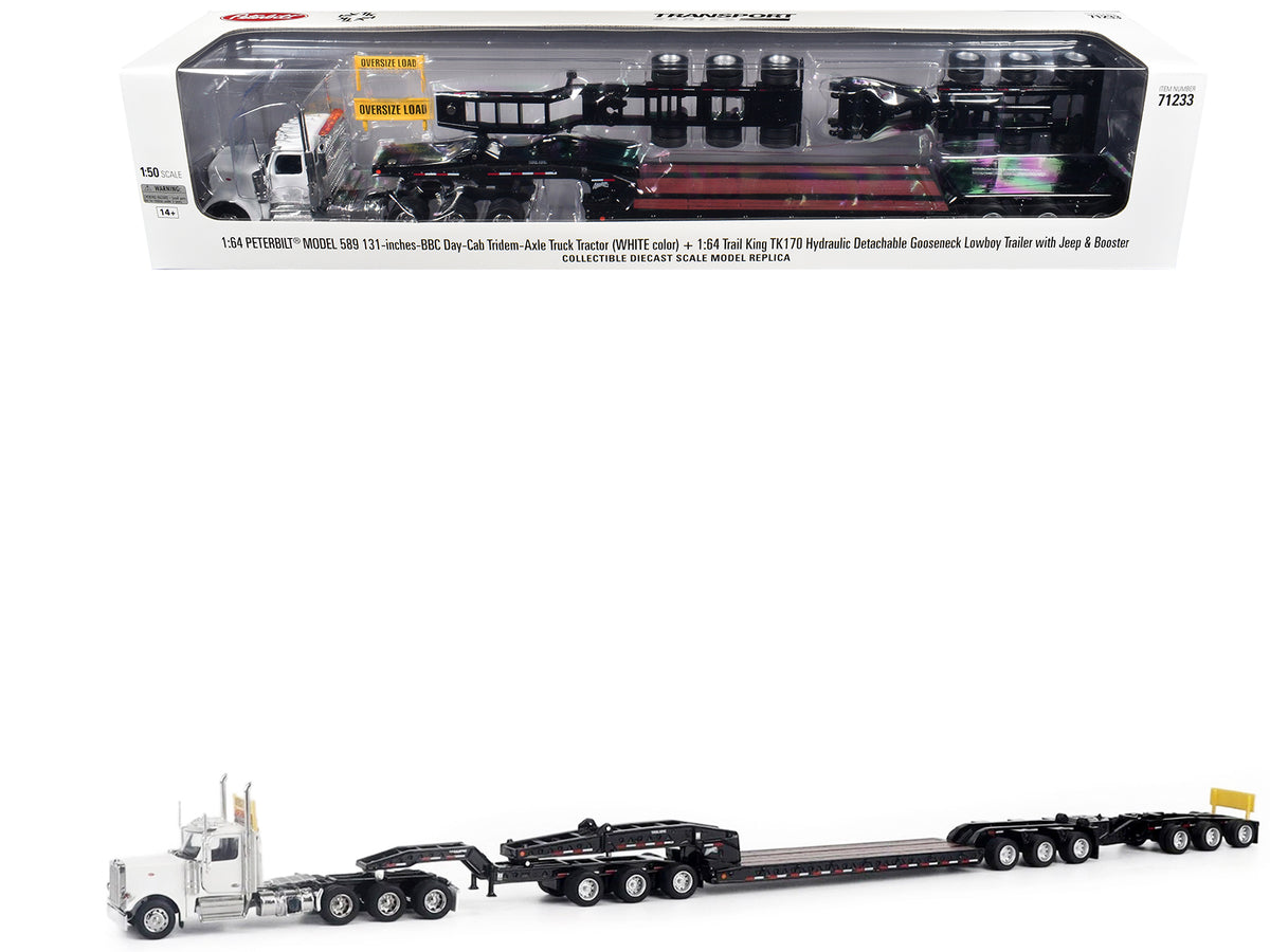 Peterbilt 589 Tridem-Axle Truck Tractor with Day Cab and Trail King TK170 Hydraulic Detachable Gooseneck Lowboy Trailer with Jeep and Booster White 'Transport Series' 1/64 Diecast Model by Diecast Masters