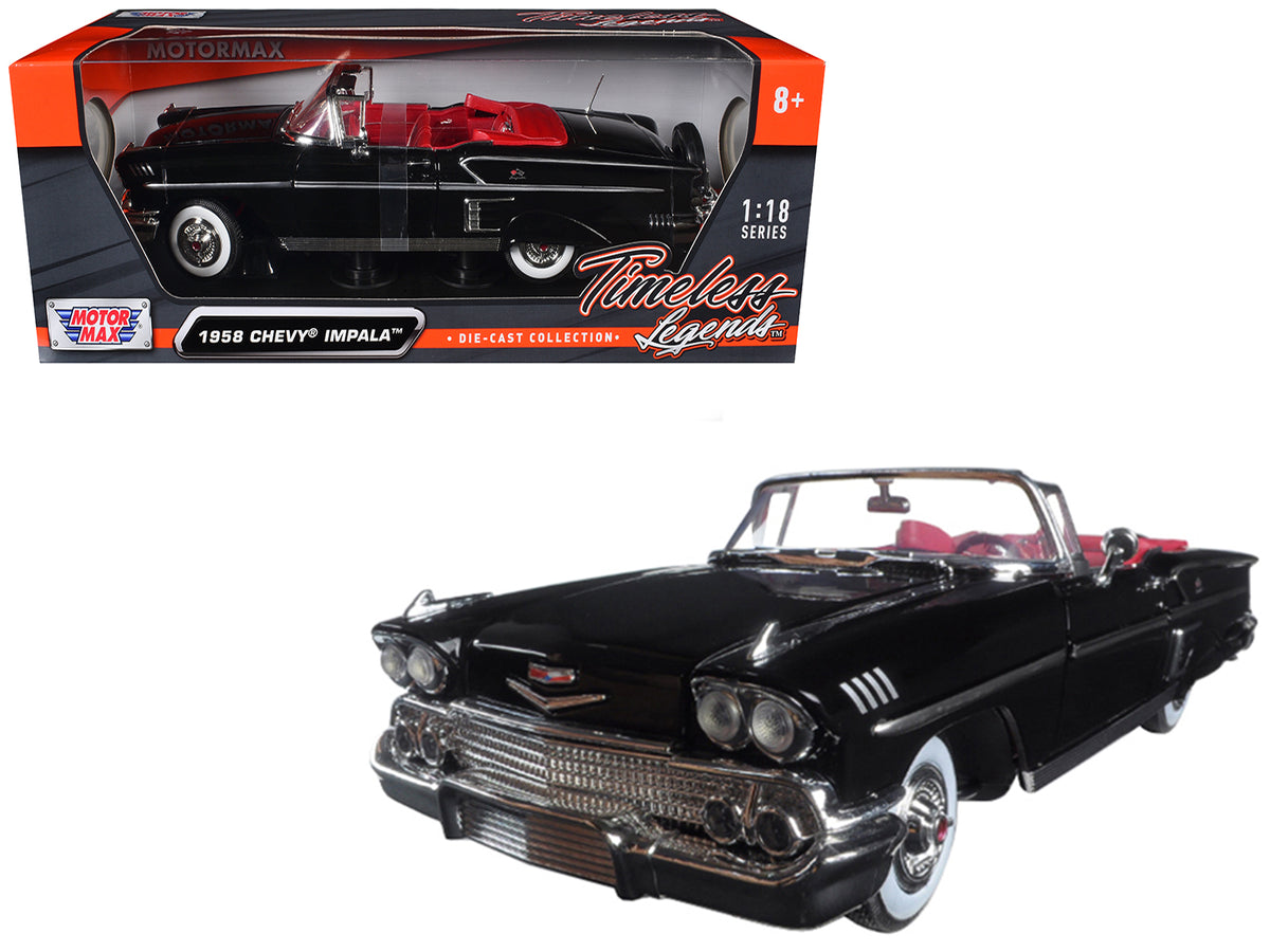 1958 Chevrolet Impala Convertible Black with Red Interior 'Timeless Classics' 1/18  Diecast Model Car by Motormax