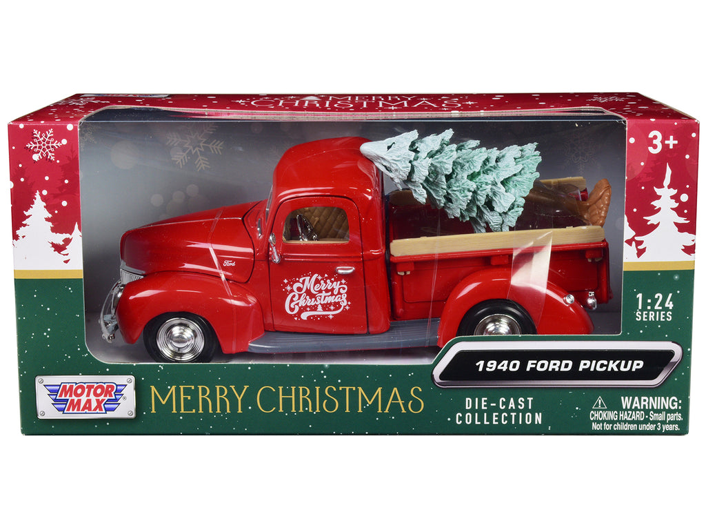 1940 Ford Pickup Truck Red 'Merry Christmas' with Tree Accessory 1/24 Diecast Model Car by Motormax