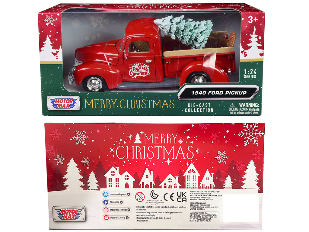 1940 Ford Pickup Truck Red 'Merry Christmas' with Tree Accessory 1/24 Diecast Model Car by Motormax