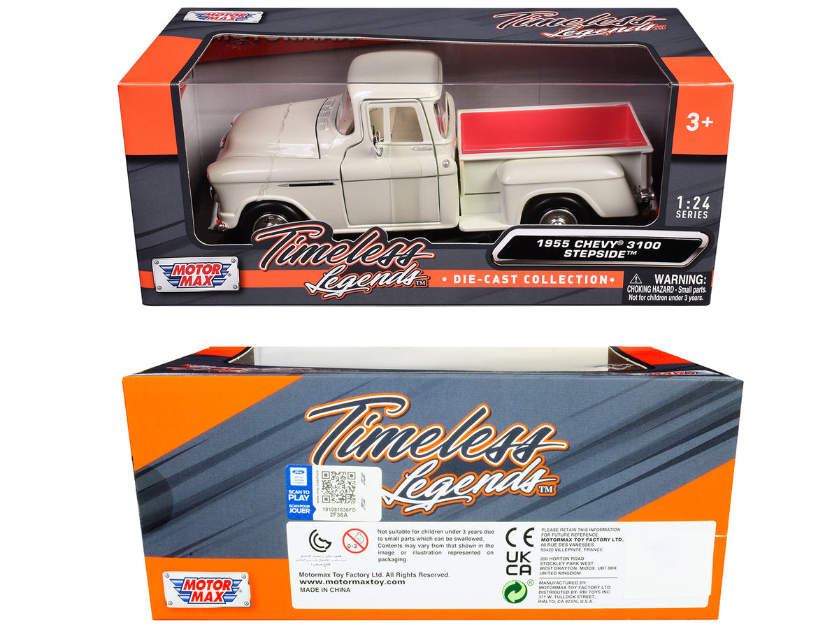 1955 Chevrolet 3100 Stepside Pickup Truck Cream with White Interior 'Timeless Legends' Series 1/24 Diecast Model Car by Motormax