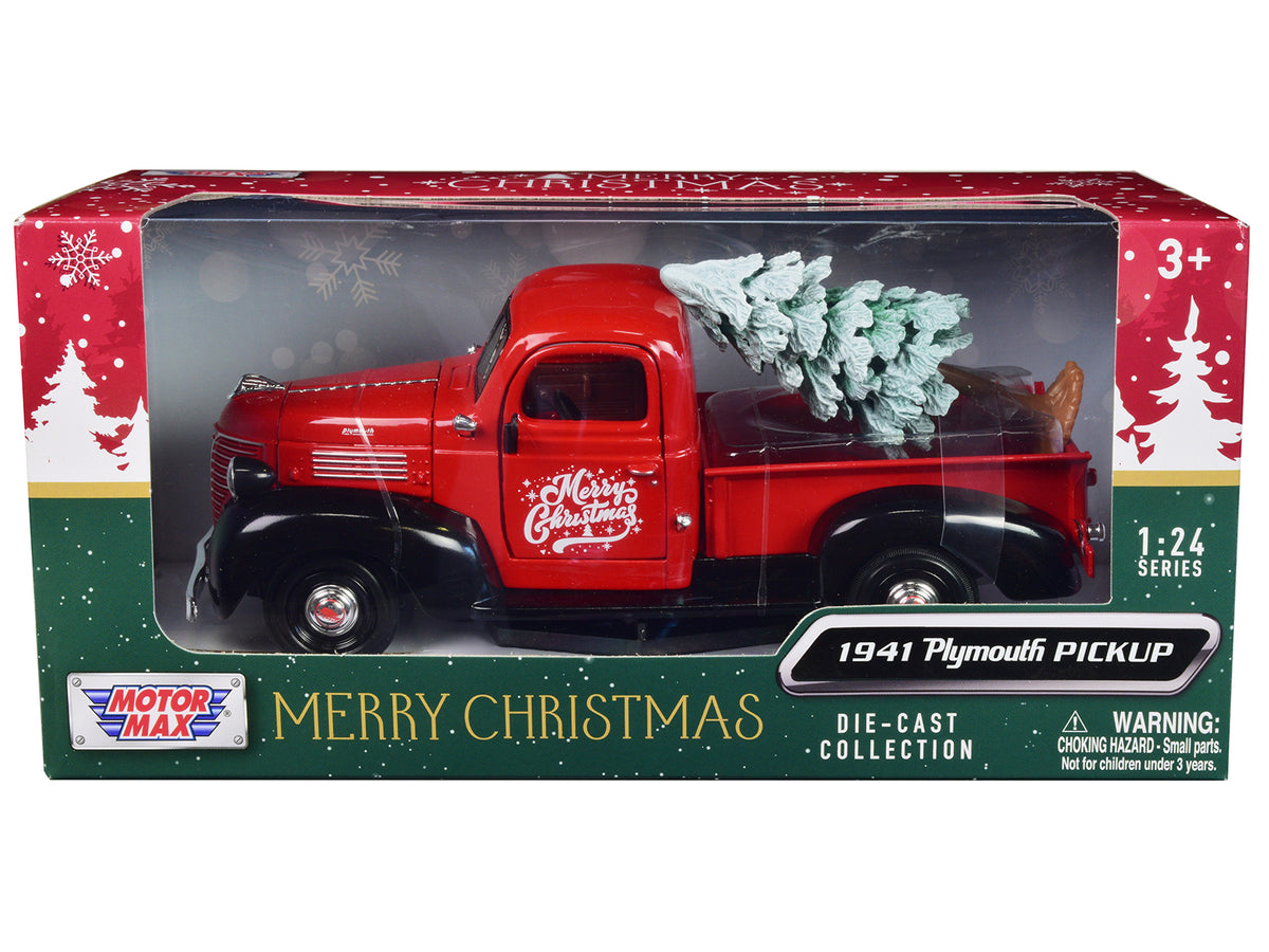 1941 Plymouth Pickup Truck Red and Black 'Merry Christmas' with Tree Accessory 1/24 Diecast Model Car by Motormax