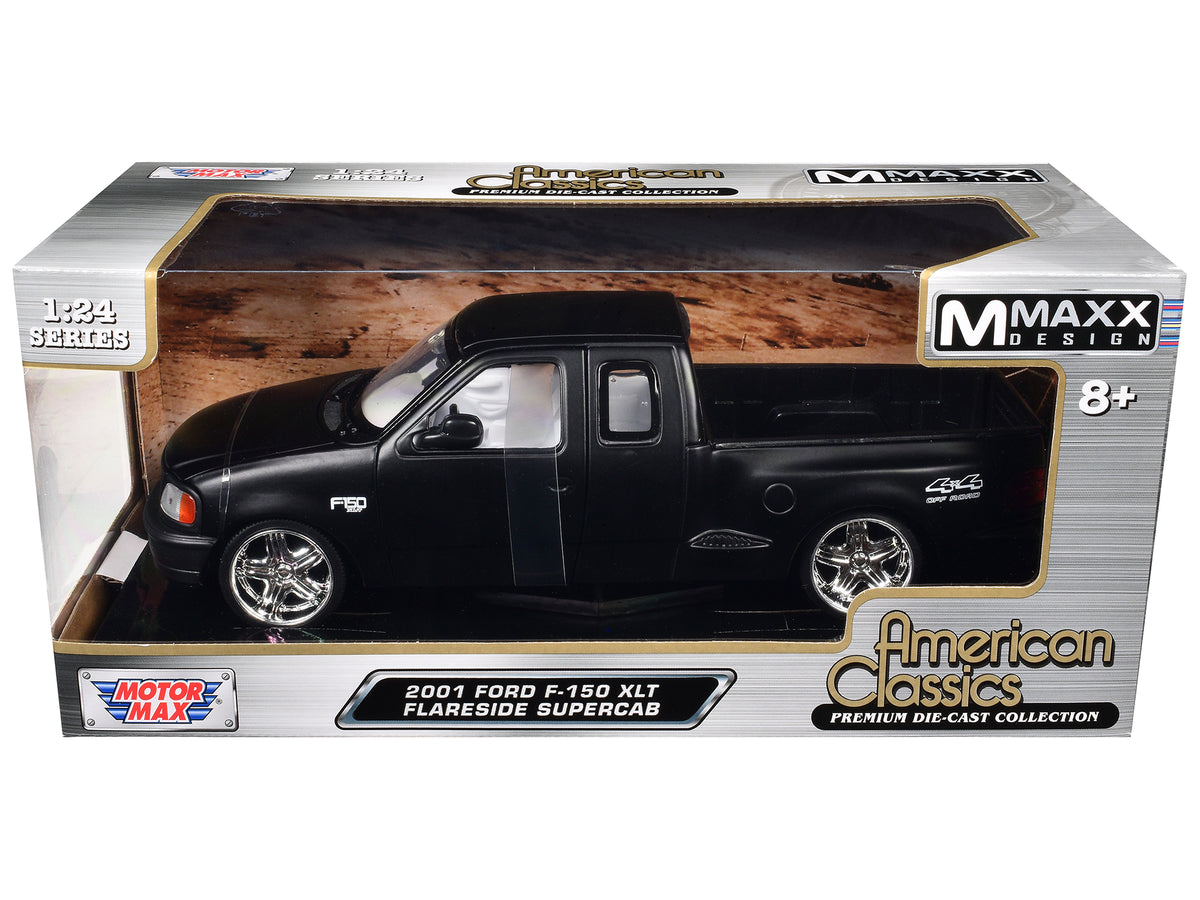2001 Ford F-150 XLT Flareside Supercab Pickup Truck Matt Black with White Interior 'Maxx Design' 'American Classics' Series 1/24 Diecast Model Car by Motormax