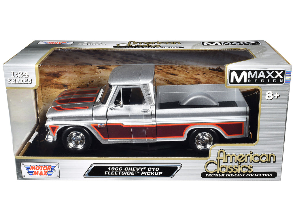 1966 Chevrolet C10 Fleetside Pickup Truck Silver Metallic with Brown Sides 'American Classics' Series 1/24 Diecast Model Car by Motormax