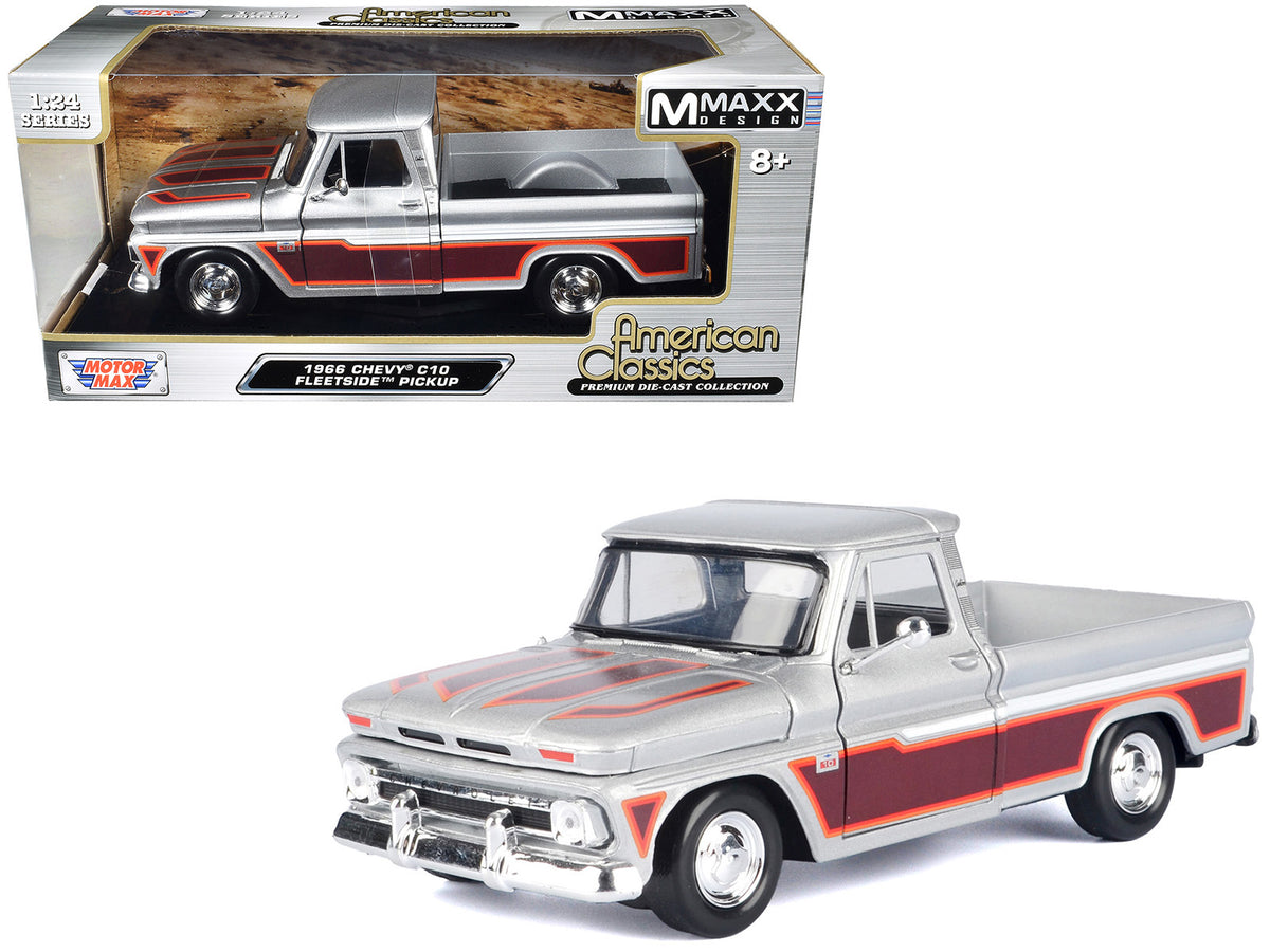 1966 Chevrolet C10 Fleetside Pickup Truck Silver Metallic with Brown Sides 'American Classics' Series 1/24 Diecast Model Car by Motormax
