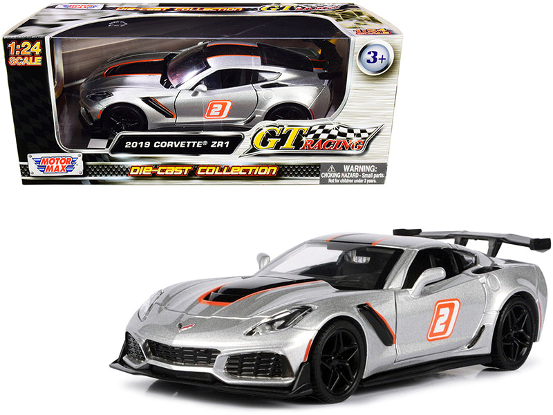 2019 Chevrolet Corvette ZR1 #2 Silver with Black and Orange Stripes 'GT Racing' Series 1/24 Diecast Model Car by Motormax