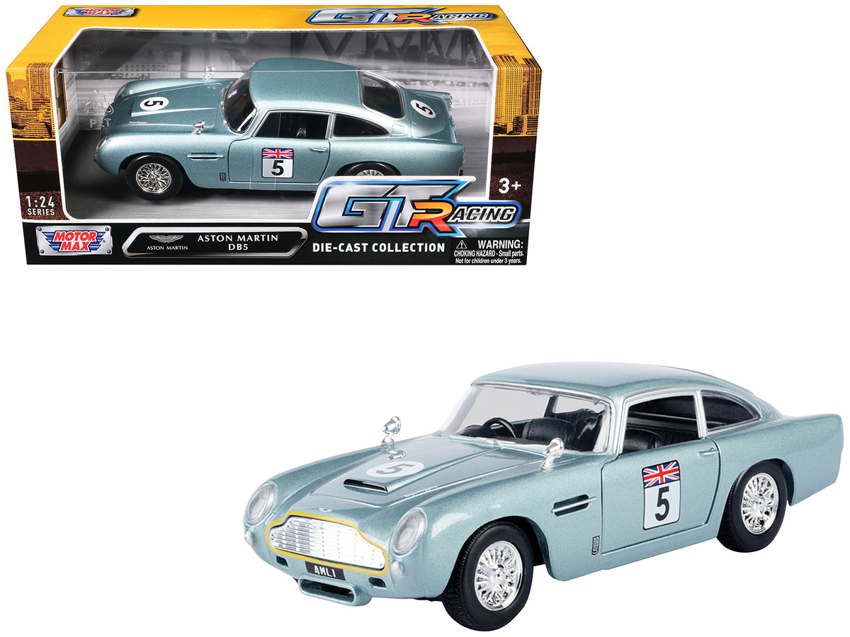 Aston Martin DB5 RHD (Right Hand Drive) #5 Light Blue Metallic 'GT Racing' Series 1/24 Diecast Model Car by Motormax