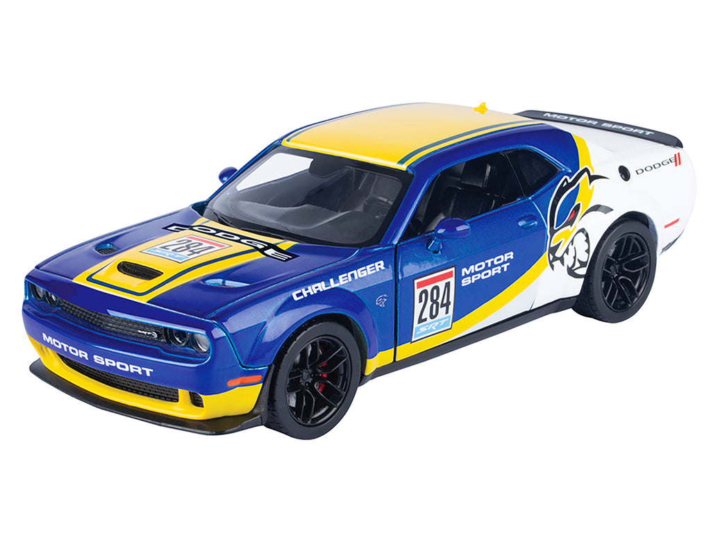 2018 Dodge Challenger SRT Hellcat Widebody #284 Blue Metallic and White with Yellow Graphics 'GT Racing' Series 1/24 Diecast Model Car by Motormax