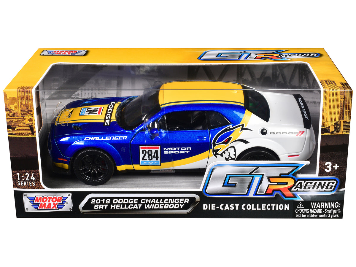 2018 Dodge Challenger SRT Hellcat Widebody #284 Blue Metallic and White with Yellow Graphics 'GT Racing' Series 1/24 Diecast Model Car by Motormax