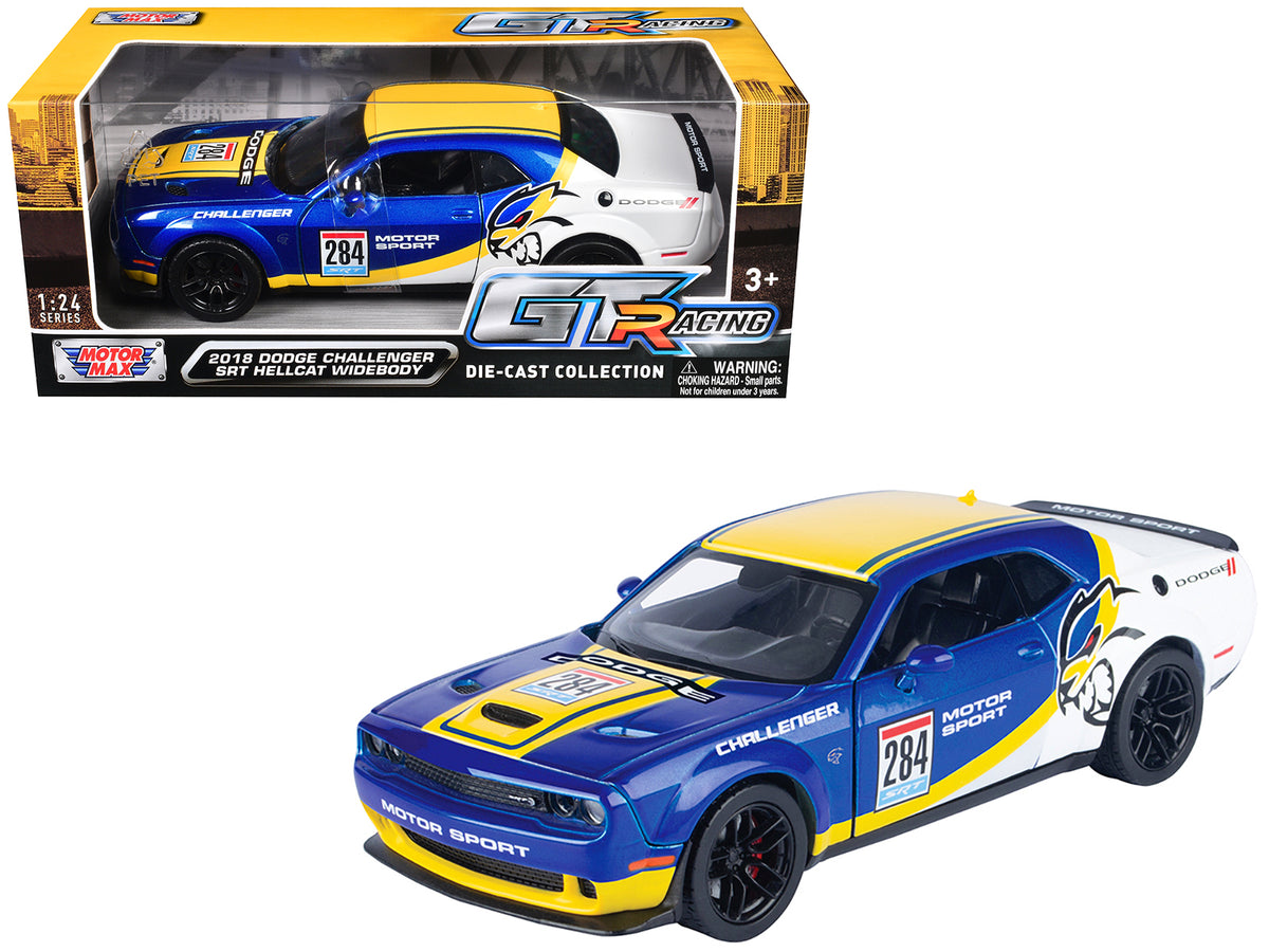 2018 Dodge Challenger SRT Hellcat Widebody #284 Blue Metallic and White with Yellow Graphics 'GT Racing' Series 1/24 Diecast Model Car by Motormax