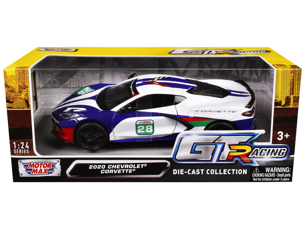 2020 Chevrolet Corvette #28 White with Blue Graphics 'GT Racing' Series 1/24 Diecast Model Car by Motormax