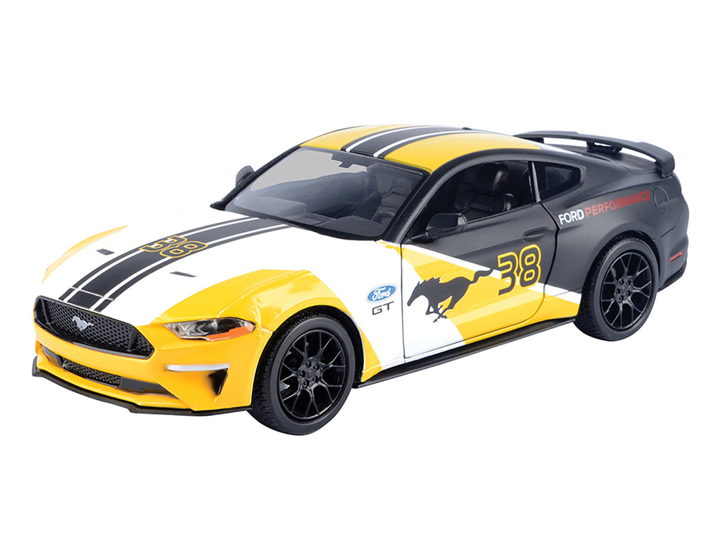 2018 Ford Mustang GT #38 White and Matt Black with Yellow Graphics 'GT Racing' Series 1/24 Diecast Model Car by Motormax