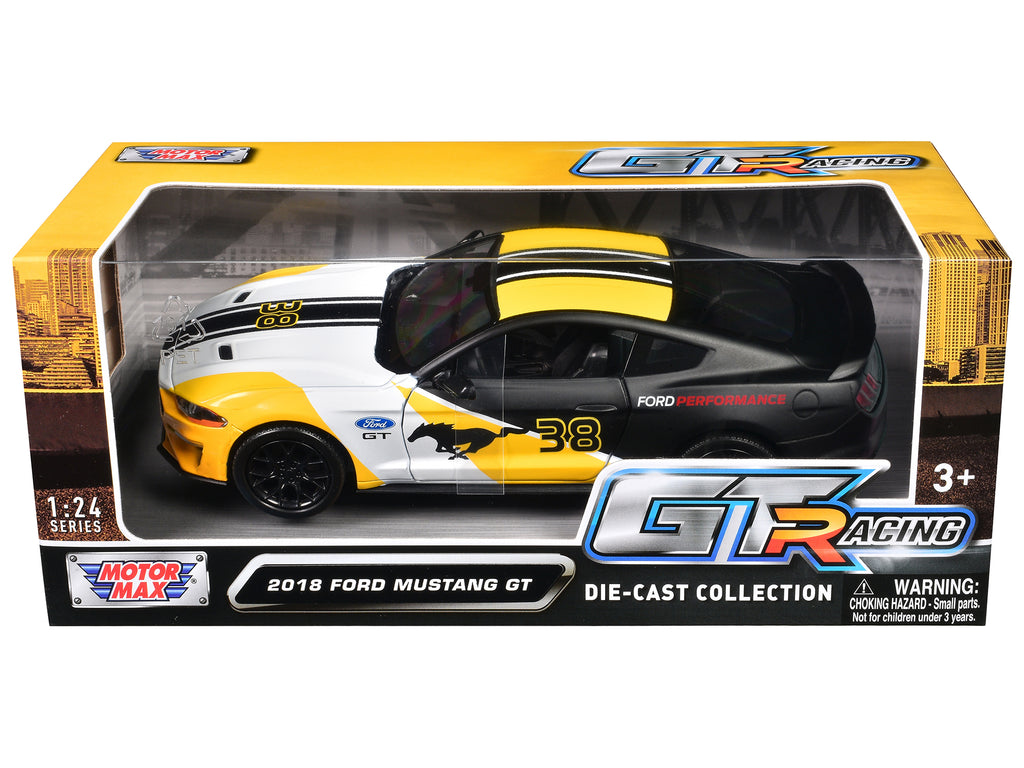 2018 Ford Mustang GT #38 White and Matt Black with Yellow Graphics 'GT Racing' Series 1/24 Diecast Model Car by Motormax