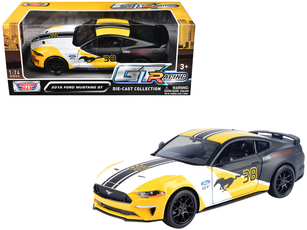 2018 Ford Mustang GT #38 White and Matt Black with Yellow Graphics 'GT Racing' Series 1/24 Diecast Model Car by Motormax