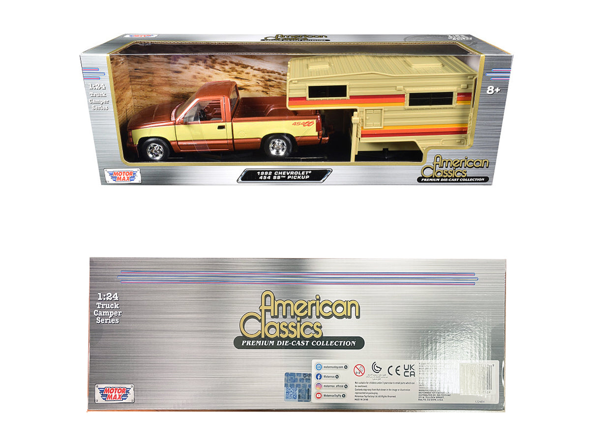 1992 Chevrolet 454 SS Pickup Truck Copper Metallic with Beige Sides with Camper Shell 'American Classics' Series 1/24 Diecast Model Car by Motormax