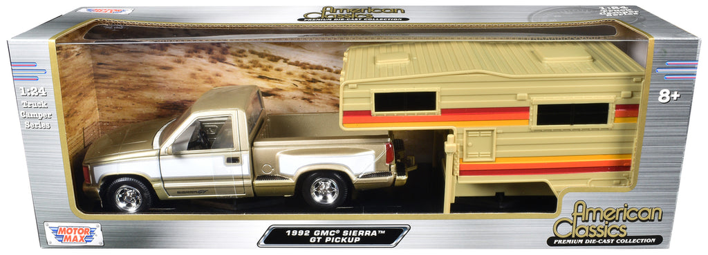 1992 GMC Sierra GT Pickup Truck Gold Metallic with White Sides with Camper Shell 'American Classics' Series 1/24 Diecast Model Car by Motormax