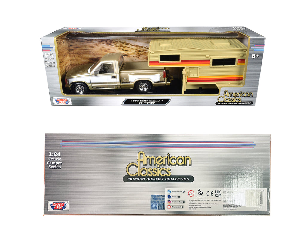 1992 GMC Sierra GT Pickup Truck Gold Metallic with White Sides with Camper Shell 'American Classics' Series 1/24 Diecast Model Car by Motormax