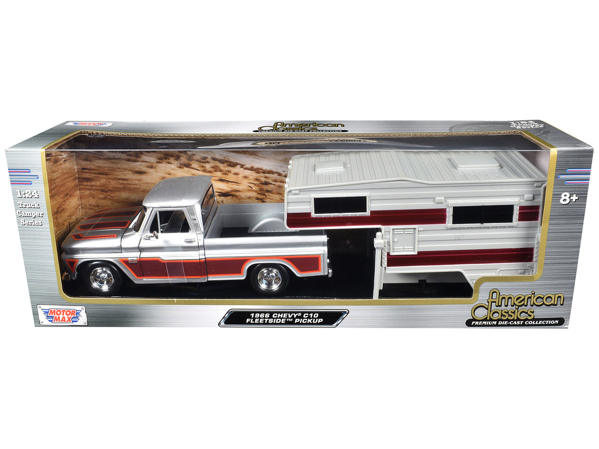 1966 Chevrolet C10 Fleetside Pickup Truck Silver Metallic with Brown Sides with Camper Shell 'American Classics' Series 1/24 Diecast Model Car by Motormax