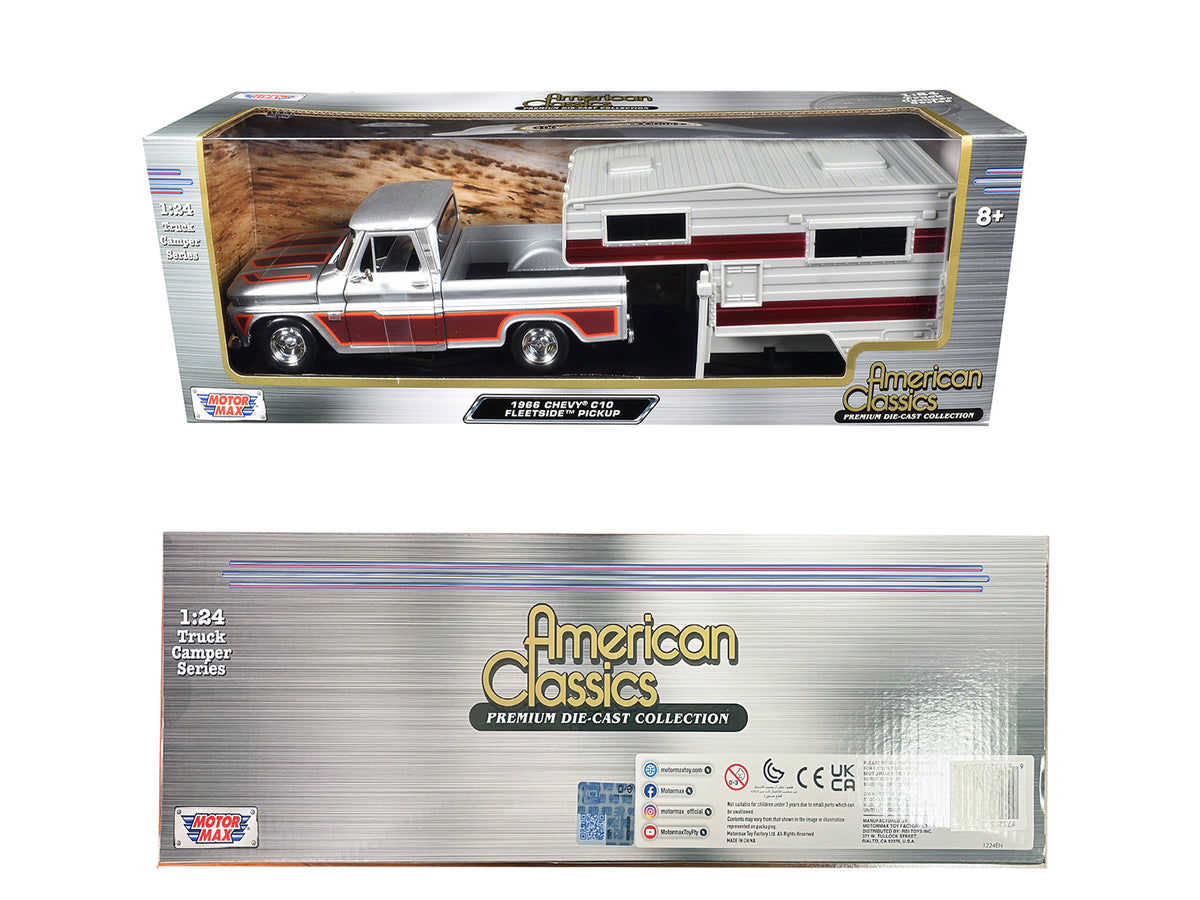 1966 Chevrolet C10 Fleetside Pickup Truck Silver Metallic with Brown Sides with Camper Shell 'American Classics' Series 1/24 Diecast Model Car by Motormax