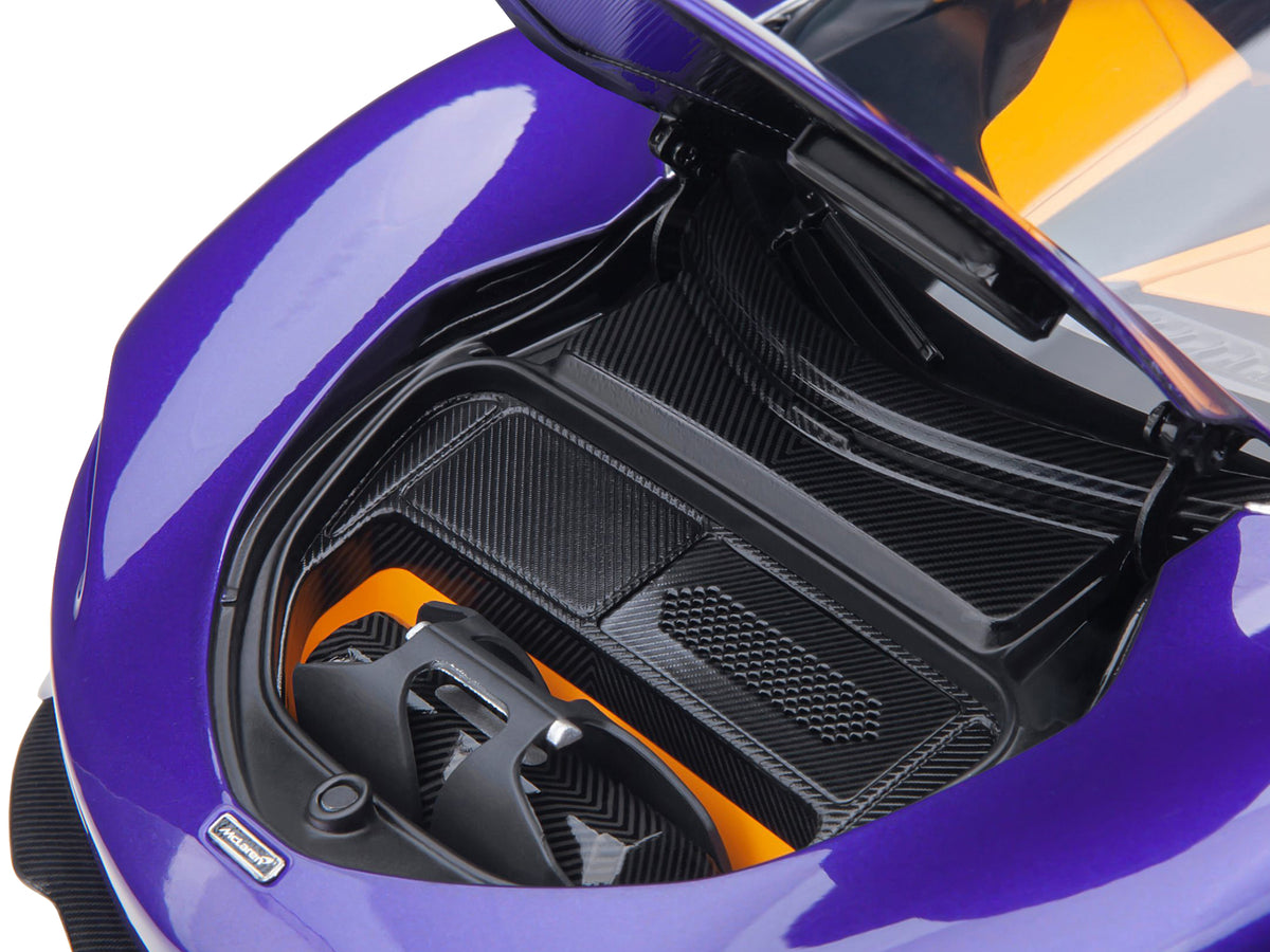 McLaren Speedtail Lantana Purple Metallic with Black Top and Yellow Interior and Suitcase Accessories  1/18 Model Car by Autoart