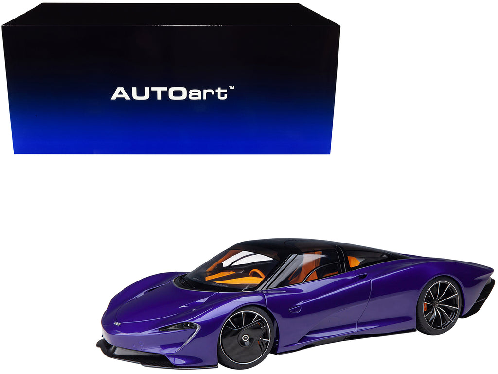McLaren Speedtail Lantana Purple Metallic with Black Top and Yellow Interior and Suitcase Accessories  1/18 Model Car by Autoart