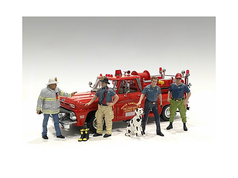'Firefighters' 6 piece Figure Set (4 Males 1 Dog 1 Accessory) for 1/18 Scale Models by American Diorama