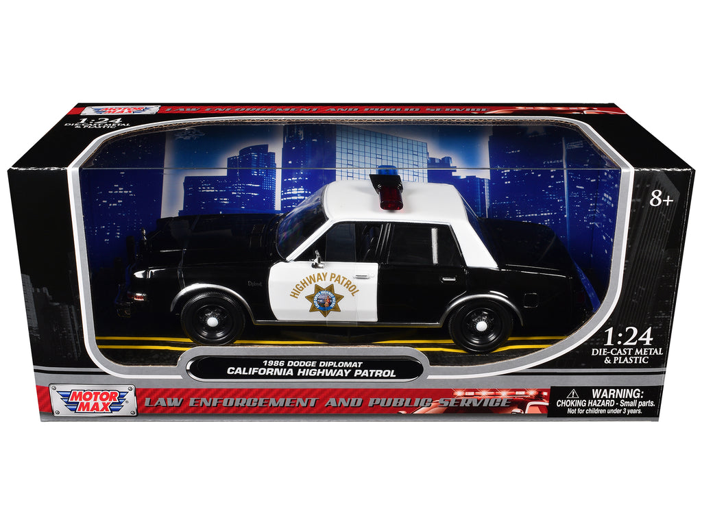 1986 Dodge Diplomat Police Car 'California Highway Patrol' Black and White 'Law Enforcement and Public Service' Series 1/24 Diecast Model Car by Motormax