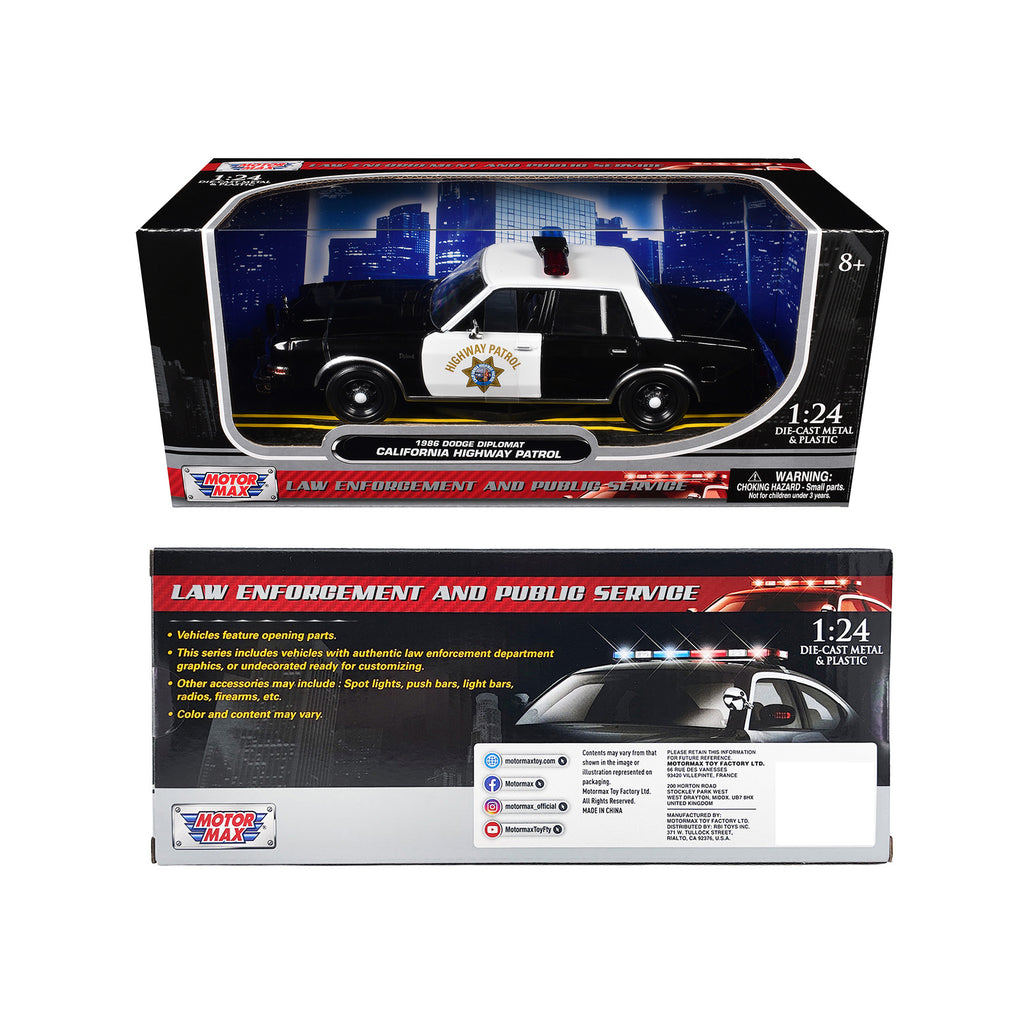 1986 Dodge Diplomat Police Car 'California Highway Patrol' Black and White 'Law Enforcement and Public Service' Series 1/24 Diecast Model Car by Motormax