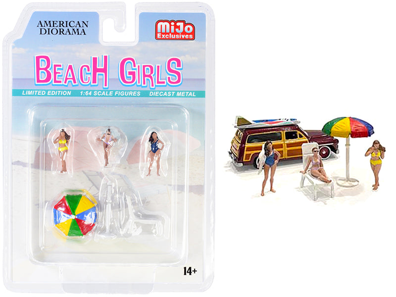 'Beach Girls' 5 piece Diecast Set (3 Figurines 1 Beach Chaise and 1 Beach Umbrella) for 1/64 Scale Models by American Diorama