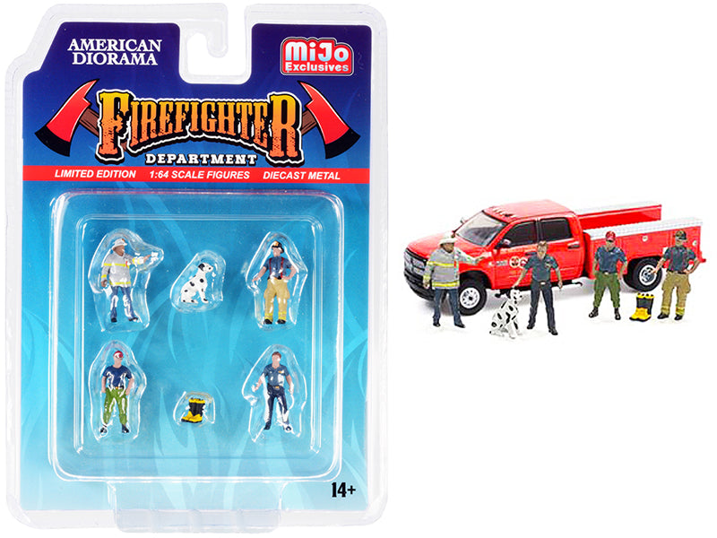 'Firefighter II' 6 piece Diecast Set (4 Figurines 1 Dog and 1 Accessory) for 1/64 Scale Models by American Diorama
