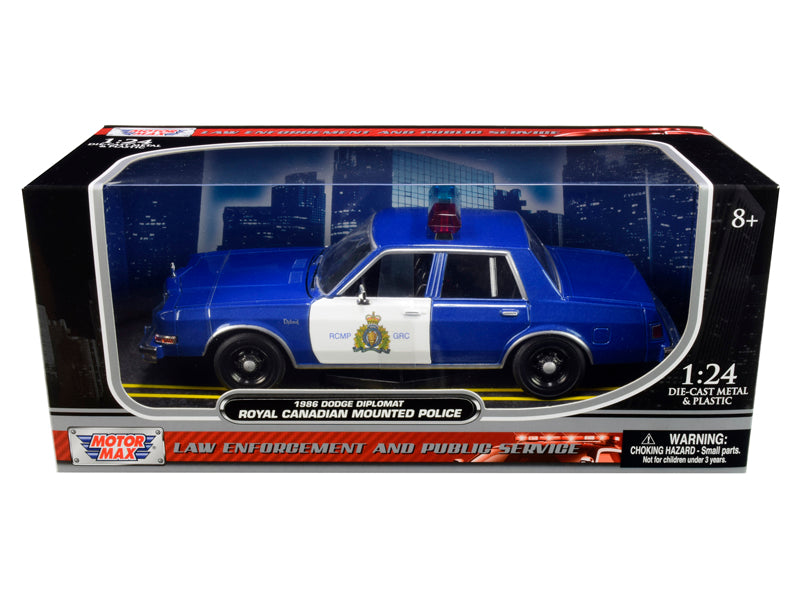 1986 Dodge Diplomat 'Royal Canadian Mounted Police' Metallic Blue and White 1/24 Diecast Model Car by Motormax