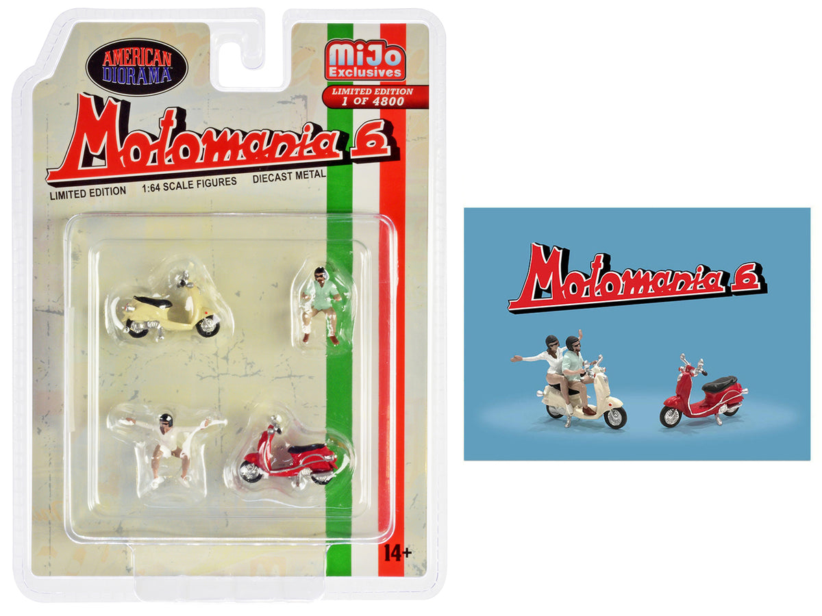 'Motomania 6' 4 piece Diecast Figure Set (2 Figures 2 Scooters) Limited Edition to 4800 pieces Worldwide 1/64 Scale Models by American Diorama