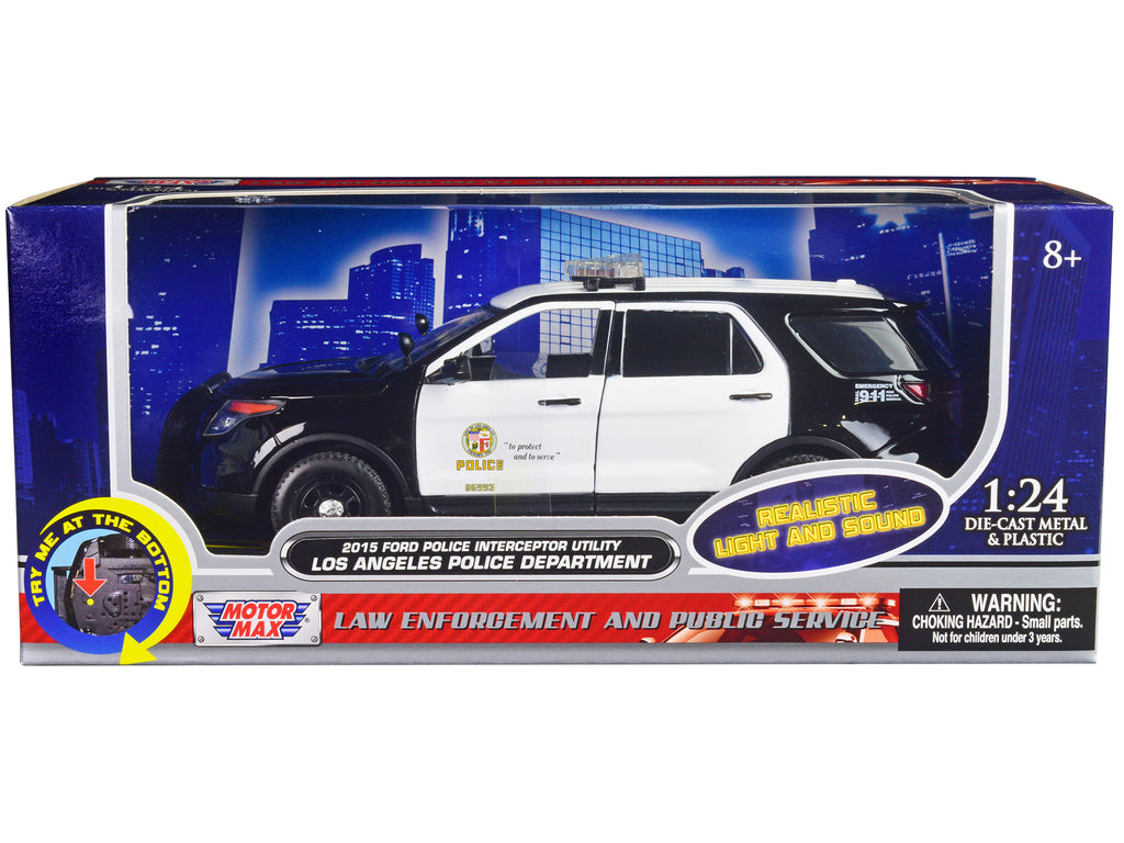 2015 Ford Police Interceptor Utility Black and White 'Los Angeles Police Department (LAPD)' with Flashing Light Bar and Front and Rear Lights and Sounds 1/24 Diecast Model Car by Motormax