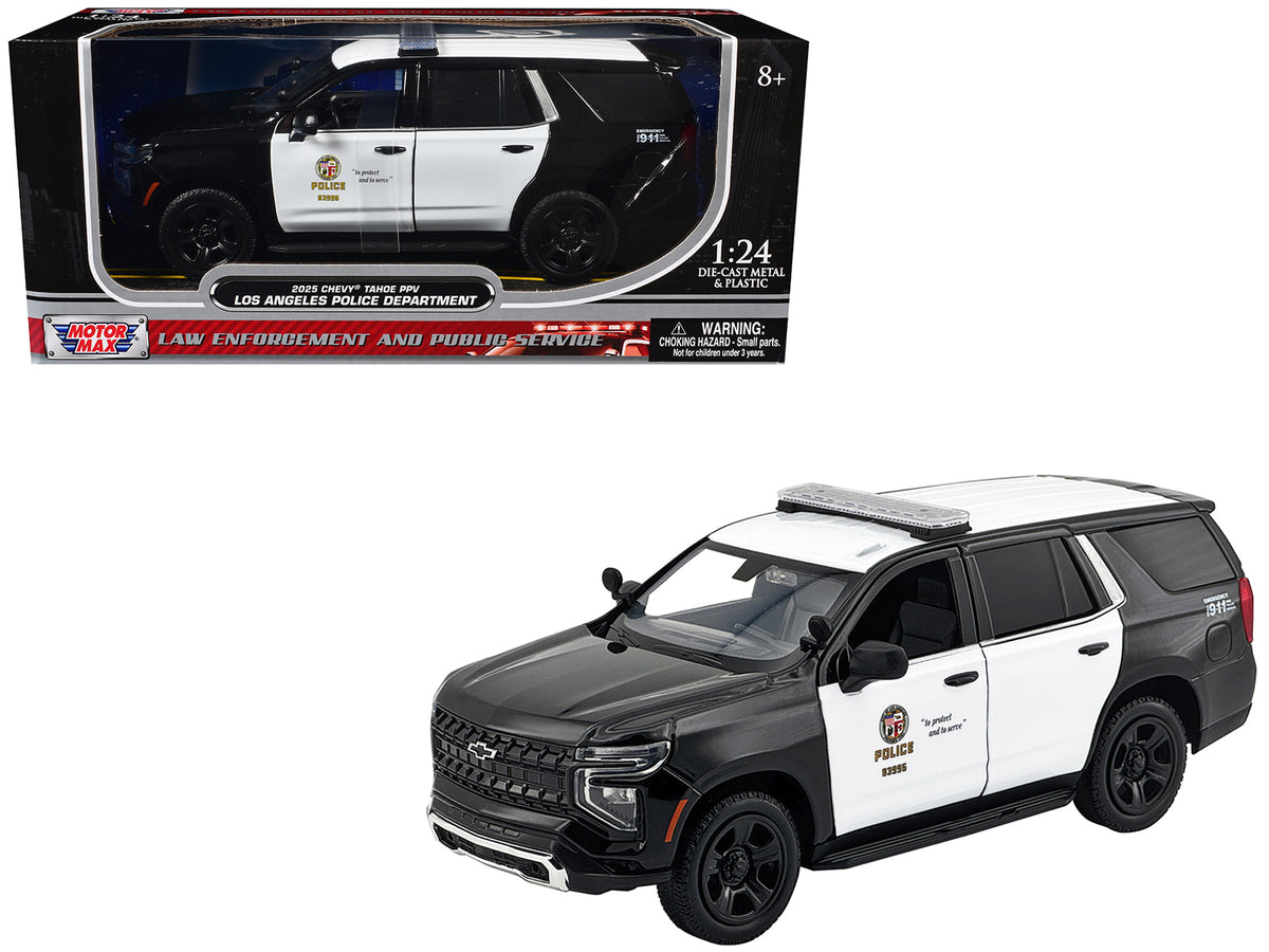 2025 Chevrolet Tahoe Police Pursuit Vehicle 'Los Angeles Police Department (LAPD)' Black and White 'Law Enforcement and Public Service' Series 1/24 Diecast Model Car by Motormax