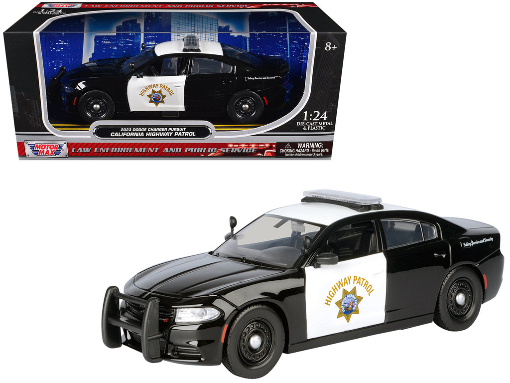 2023 Dodge Charger Pursuit Police Car 'California Highway Patrol' Black and White 'Law Enforcement and Public Service' Series 1/24 Diecast Model Car by Motormax