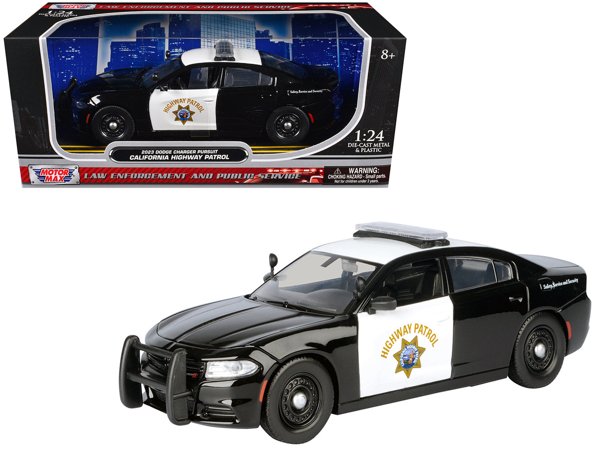 2023 Dodge Charger Pursuit Police Car 'California Highway Patrol' Black and White 'Law Enforcement and Public Service' Series 1/24 Diecast Model Car by Motormax
