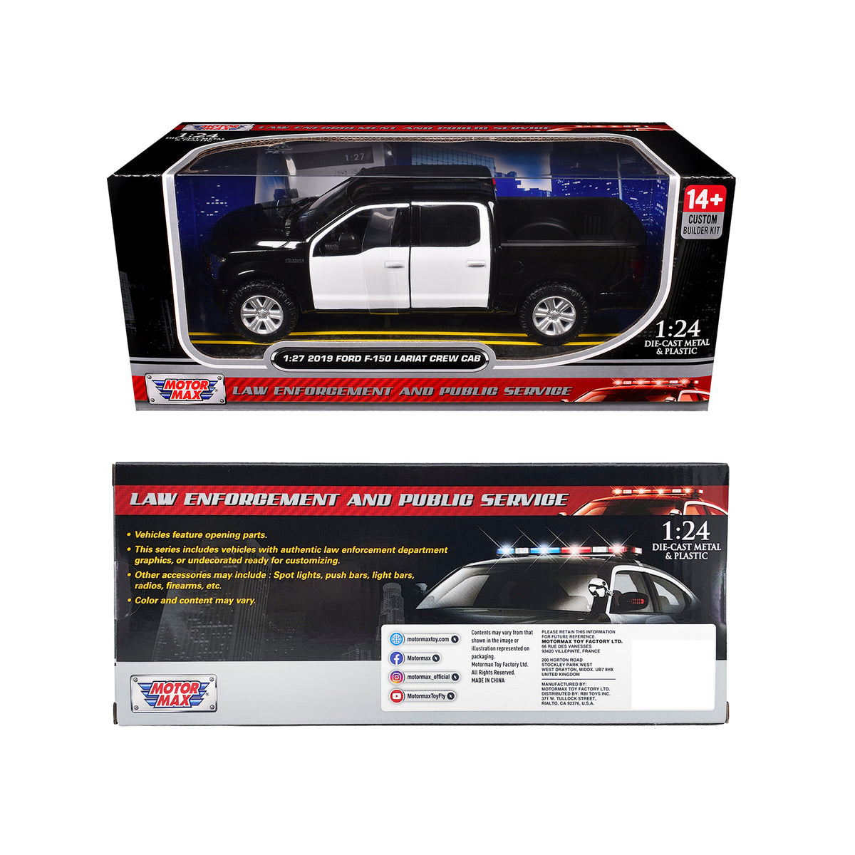 2019 Ford F-150 Lariat Crew Cab Pickup Truck Unmarked Plain Black and White 'Custom Builder's Kit - Law Enforcement and Public Service' Series 1/24-1/27 Diecast Model Car by Motormax