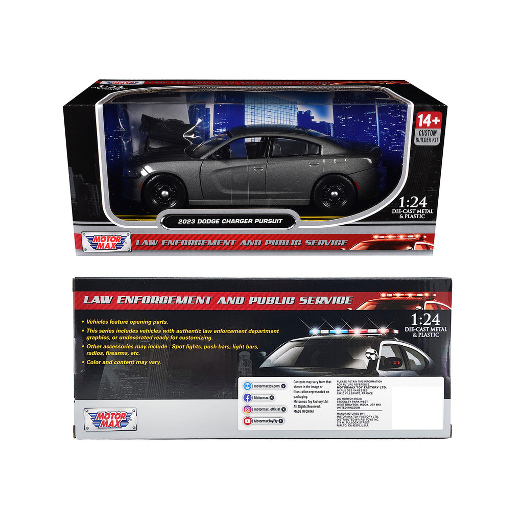 2023 Dodge Charger Pursuit Police Car Gray Metallic 'Custom Builder's Kit - Law Enforcement and Public Service' Series 1/24 Diecast Model Car by Motormax