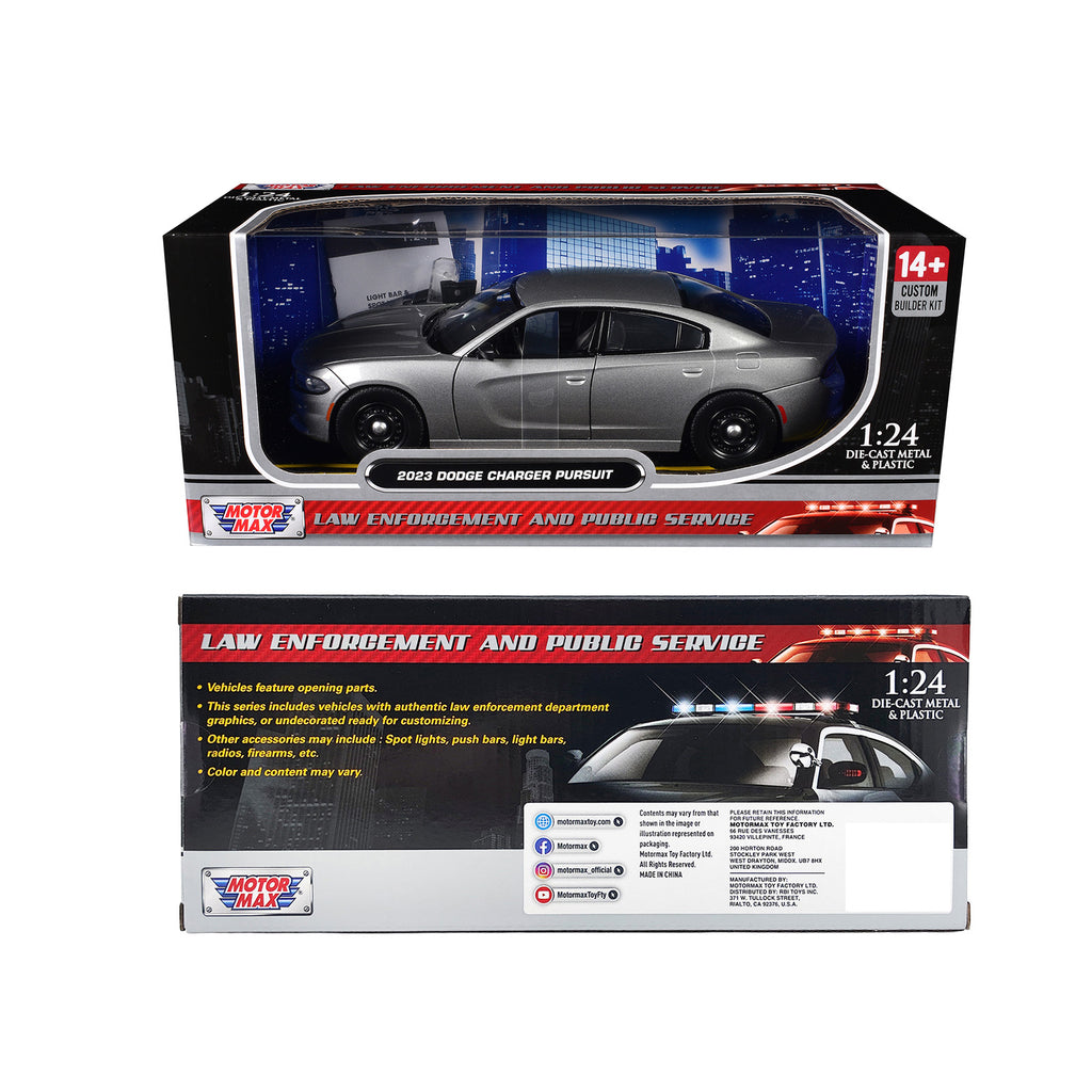 2023 Dodge Charger Pursuit Police Car Silver Metallic 'Custom Builder's Kit - Law Enforcement and Public Service' Series 1/24 Diecast Model Car by Motormax