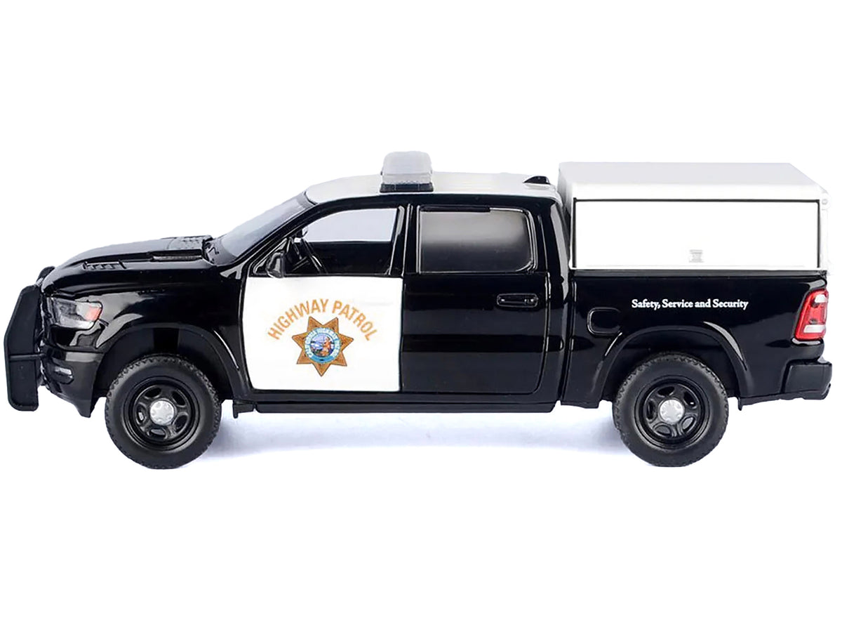 2019 RAM 1500 Laramine Crew Cab Pickup Truck 'California Highway Patrol' Black and White with Truck Bed Camper 'Law Enforcement and Public Service' Series 1/24-1/27 Diecast Model Car by Motormax