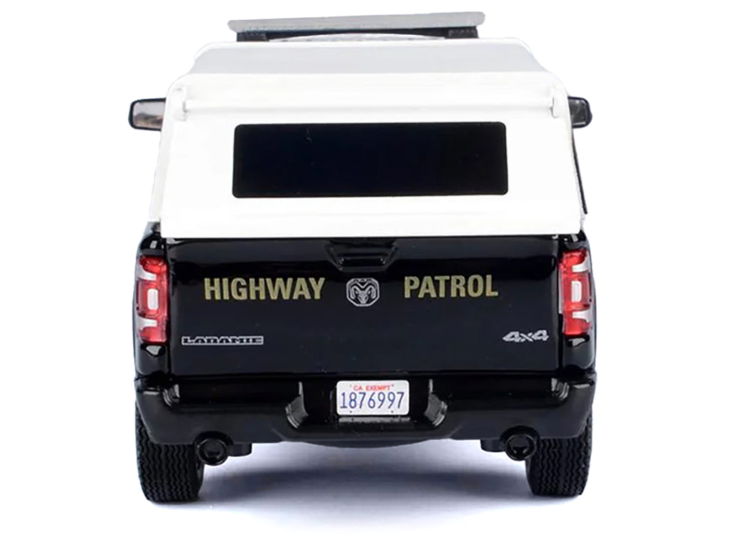 2019 RAM 1500 Laramine Crew Cab Pickup Truck 'California Highway Patrol' Black and White with Truck Bed Camper 'Law Enforcement and Public Service' Series 1/24-1/27 Diecast Model Car by Motormax