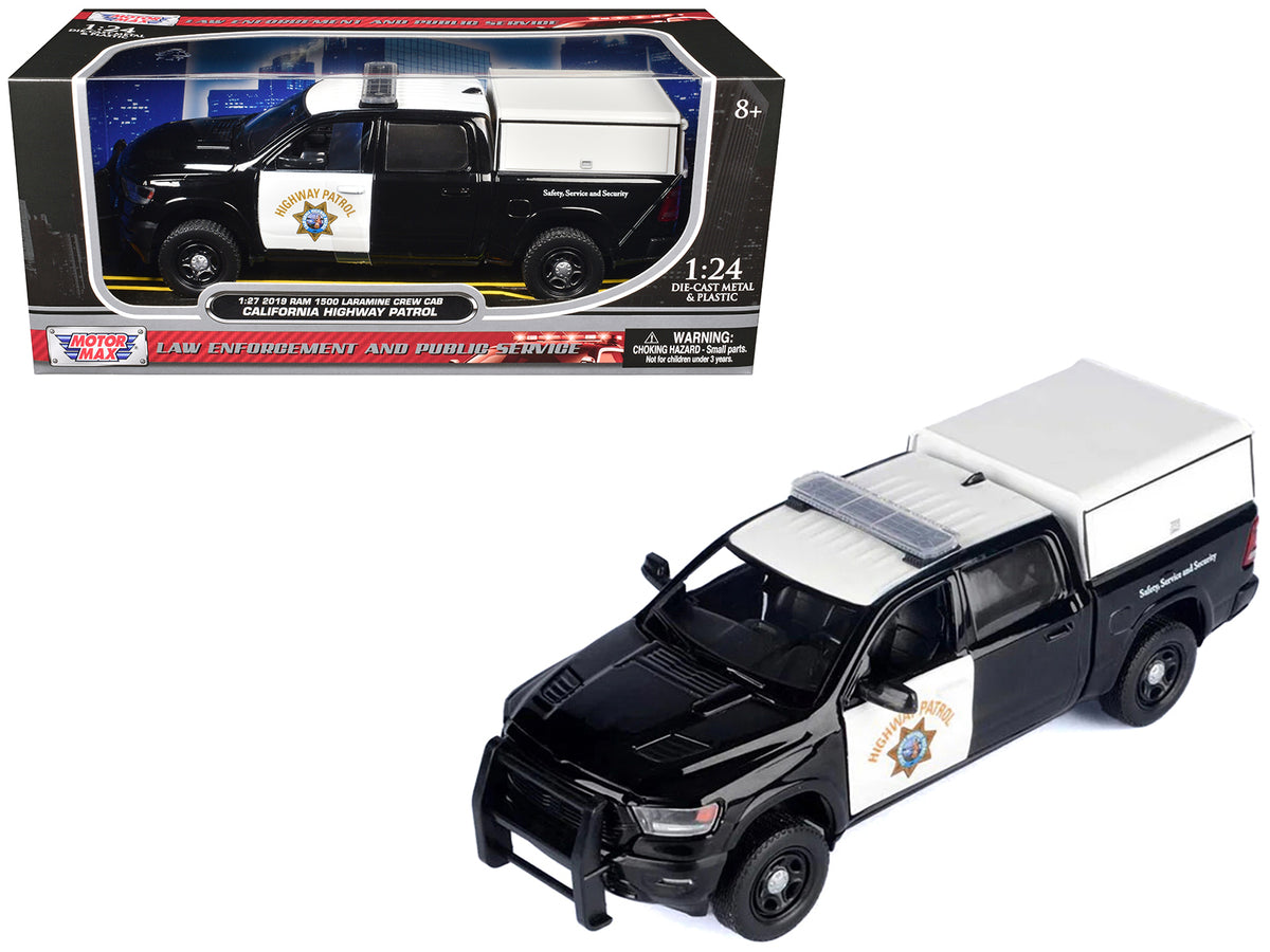 2019 RAM 1500 Laramine Crew Cab Pickup Truck 'California Highway Patrol' Black and White with Truck Bed Camper 'Law Enforcement and Public Service' Series 1/24-1/27 Diecast Model Car by Motormax