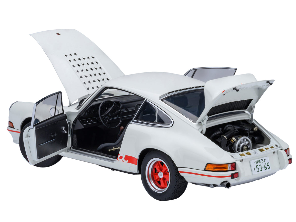 Porsche 911 Carrera 2.7 RS 'The Circuit Wolf' White with Red Stripes and Wheels with Hood Graphics 1/18 Model Car by Autoart
