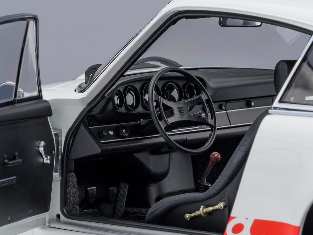 Porsche 911 Carrera 2.7 RS 'The Circuit Wolf' White with Red Stripes and Wheels with Hood Graphics 1/18 Model Car by Autoart