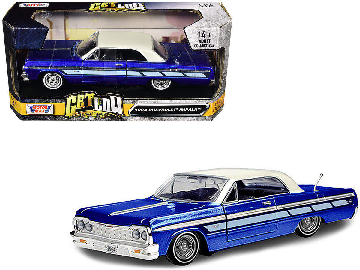 1964 Chevrolet Impala Lowrider Hard Top Candy Blue Metallic with Cream Top 'Get Low' Series 1/24 Diecast Model Car by Motormax