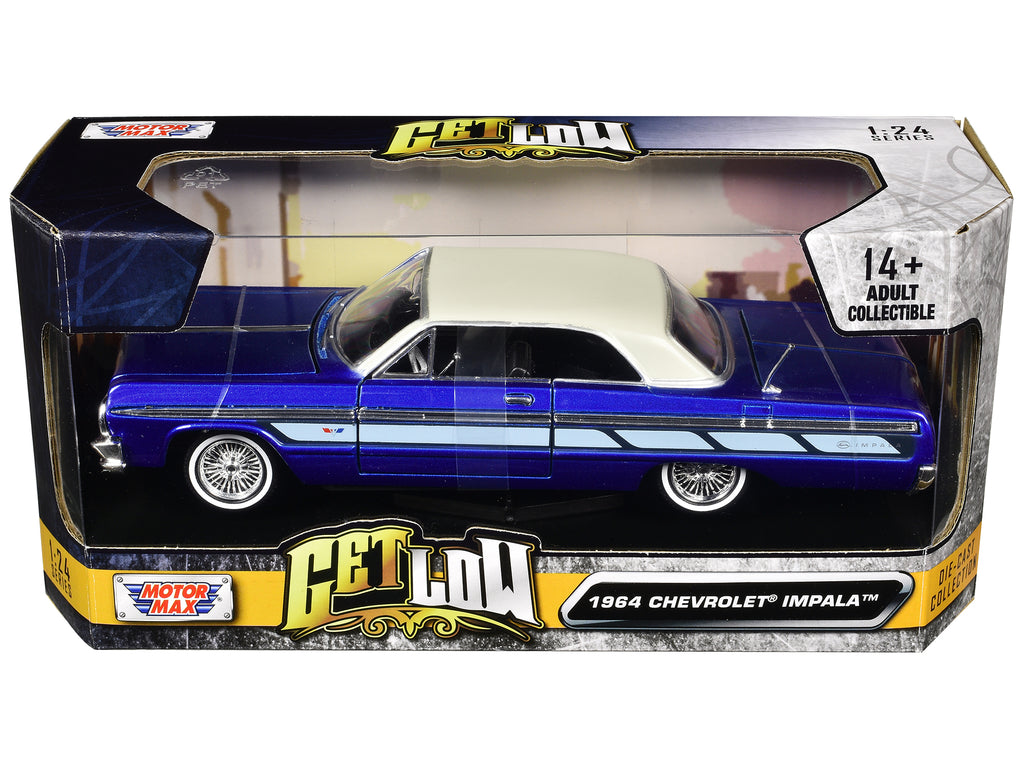 1964 Chevrolet Impala Lowrider Hard Top Candy Blue Metallic with Cream Top 'Get Low' Series 1/24 Diecast Model Car by Motormax