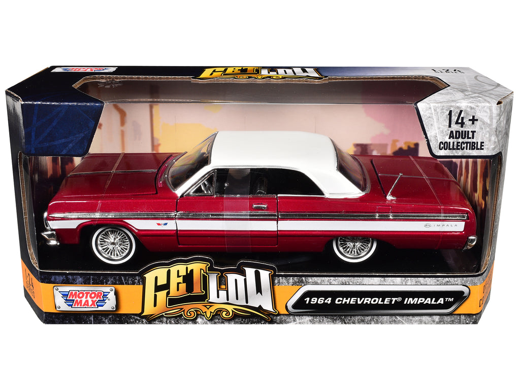 1964 Chevrolet Impala Lowrider Hard Top Candy Red Metallic with White Top 'Get Low' Series 1/24 Diecast Model Car by Motormax
